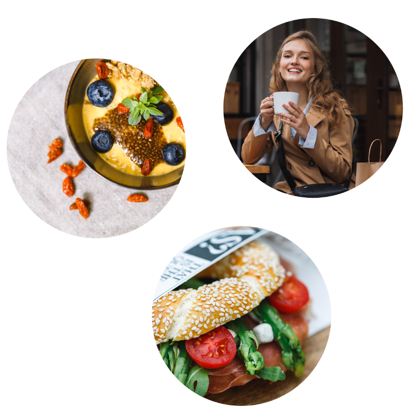 Three circular images: on the left, a creamy yogurt bowl with blueberries, goji berries, seeds and mint; top right, a cheerful woman in a café holding a cup; bottom, a sesame roll with salmon, tomatoes and green salad.